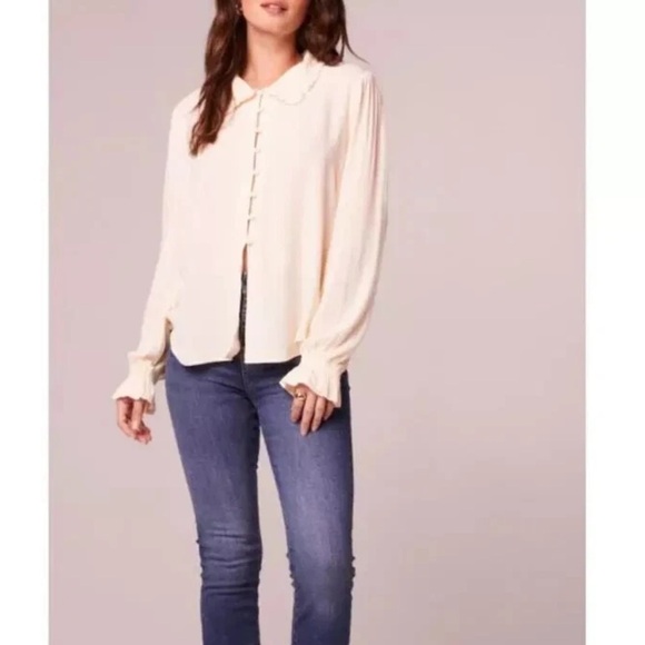 Band of The Free Denise Cream Ruffle Collar Top Button Up Smocked Cuffed Sleeves - Picture 4 of 11